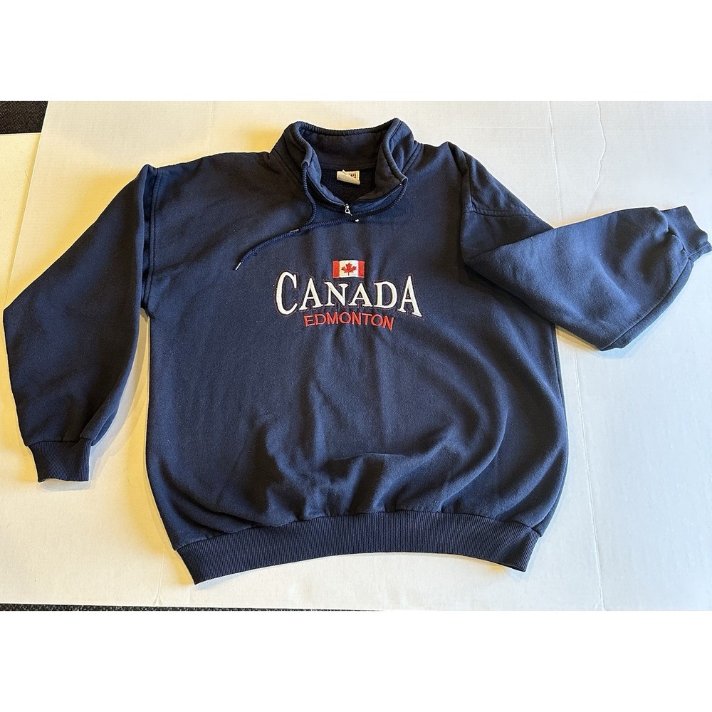 Vintage 90s Canada Edmonton Quarter Zip Sweatshirt Navy Blue Embroidered XL